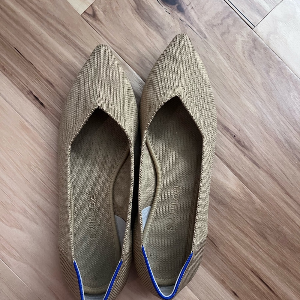 Rothy's Camel Pointed Flats with Blue Accent